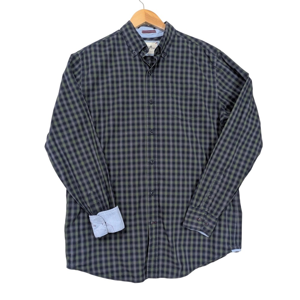 Johnston & Murphy Button Down Shirt Mens L Green Blue Plaid Business Casual